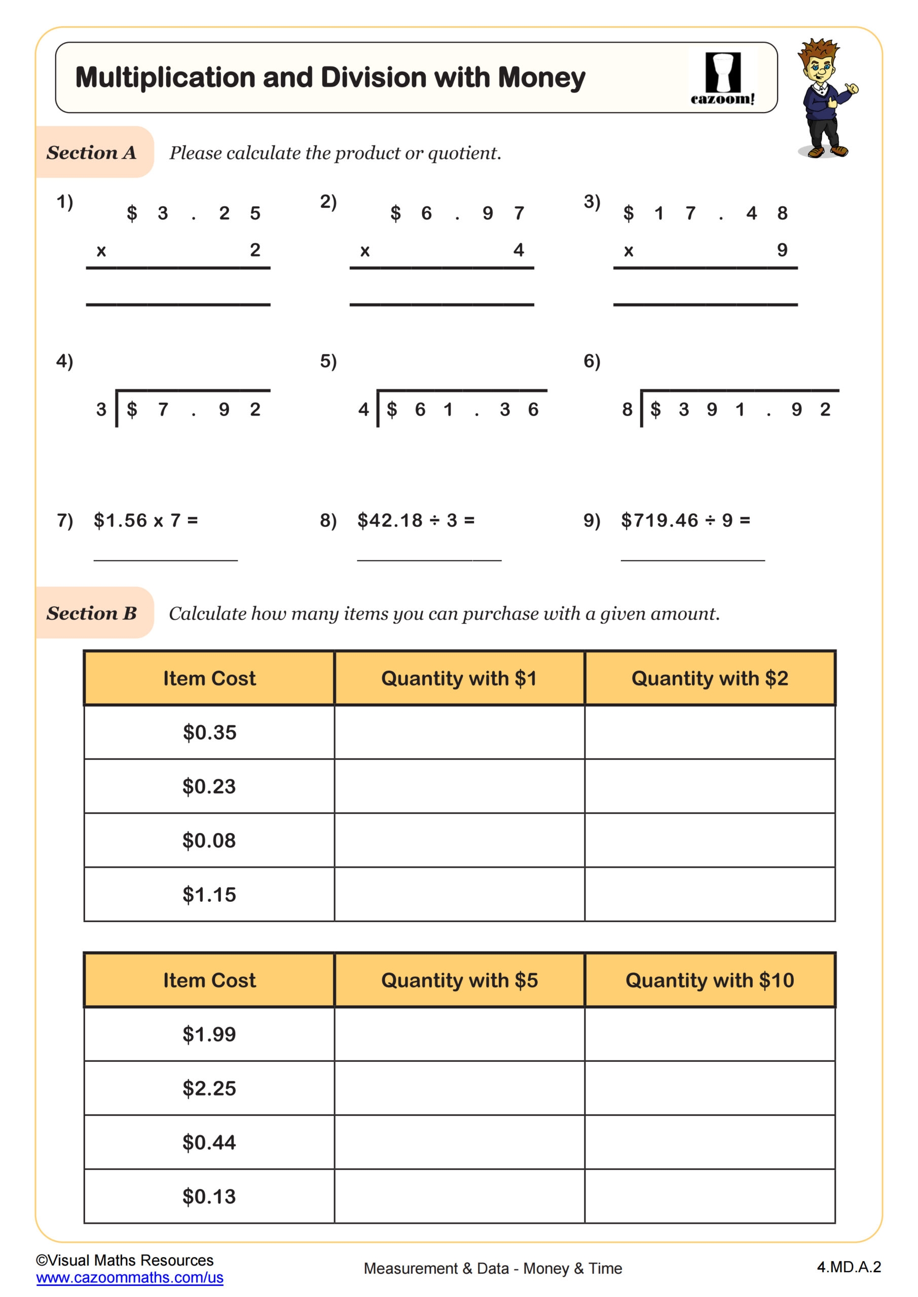 Multiplication Division With Money Worksheet PDF Printable Measurement Data Worksheet Multiplication Division With Money Worksheet PDF Printable Measurement Data Worksheet