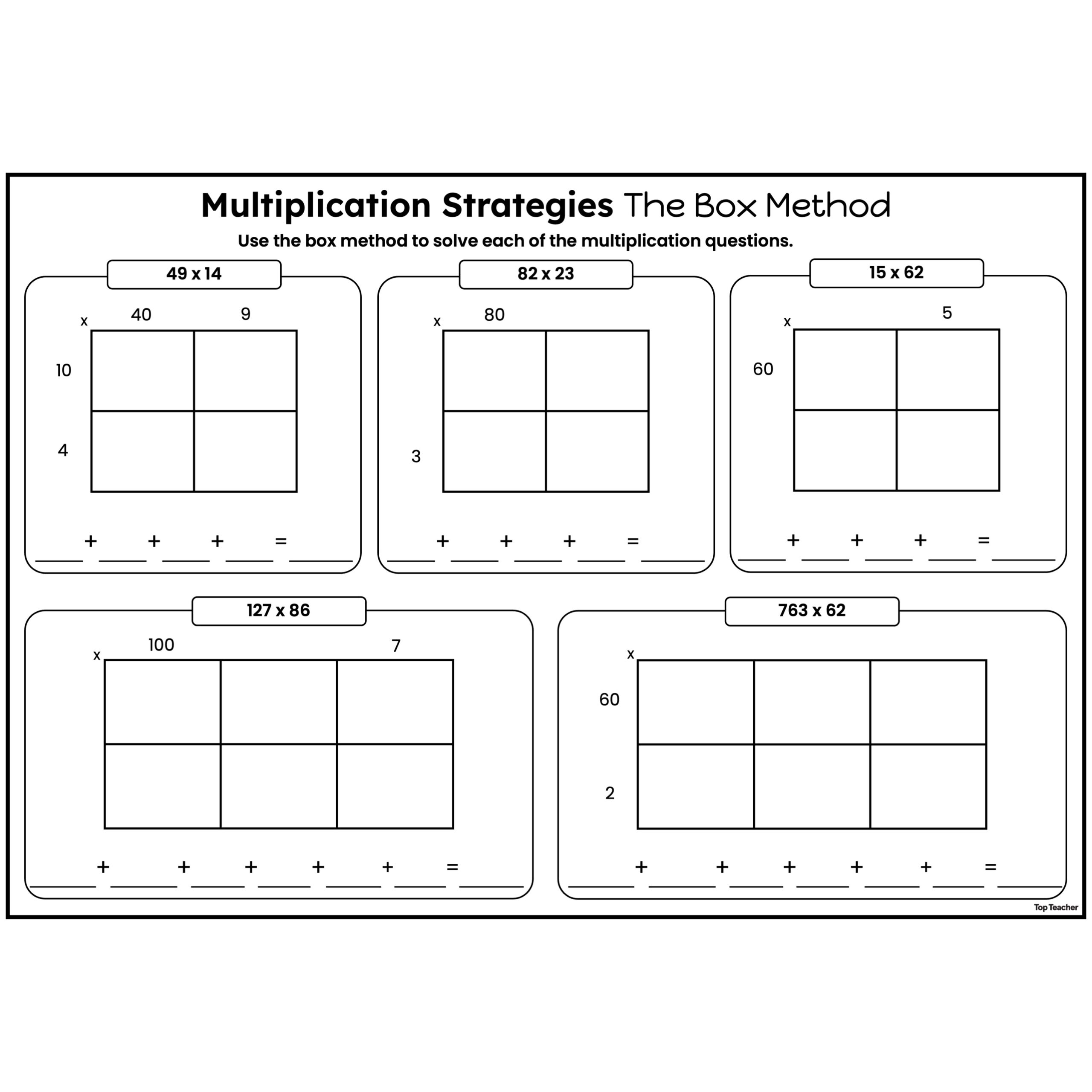 Multiplication Strategies The Box Method Worksheets Top Teacher