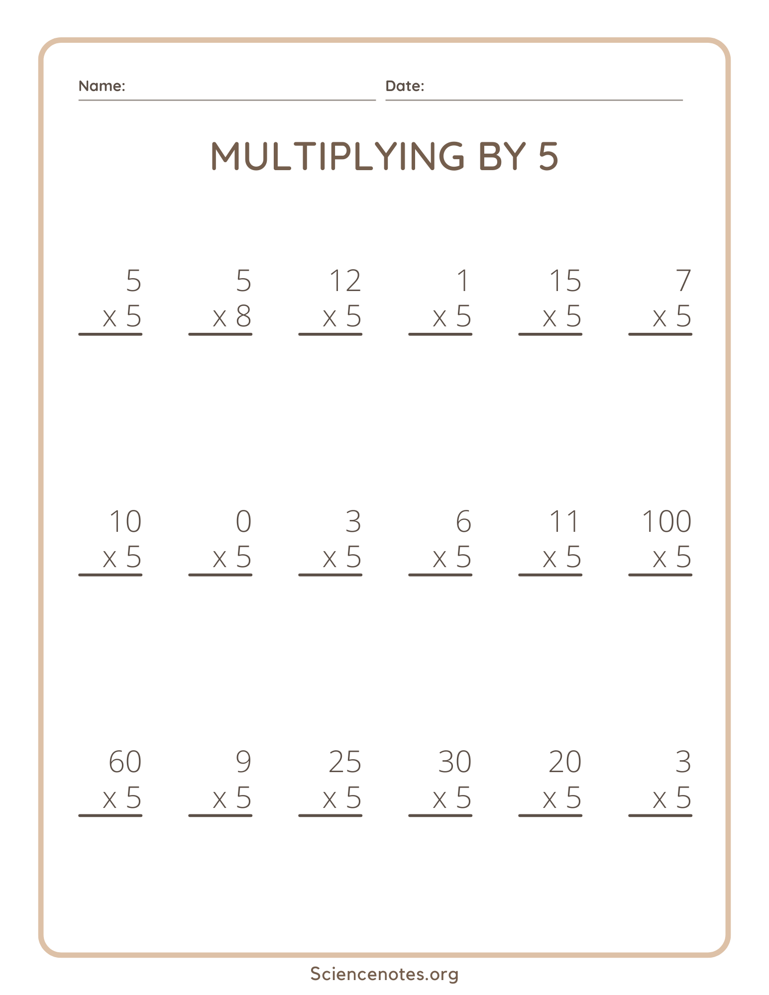 multiplication of 5 worksheets