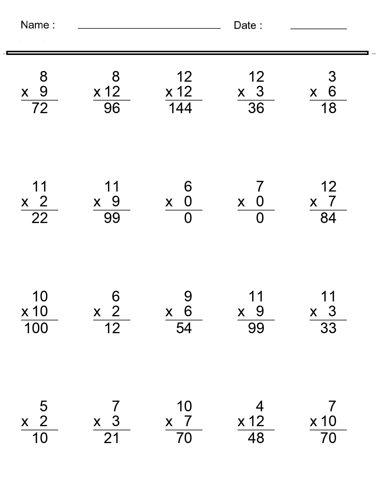 Multiplication Worksheets Problem Range Between 0 And 12 In A Vertical Format Made By Teachers