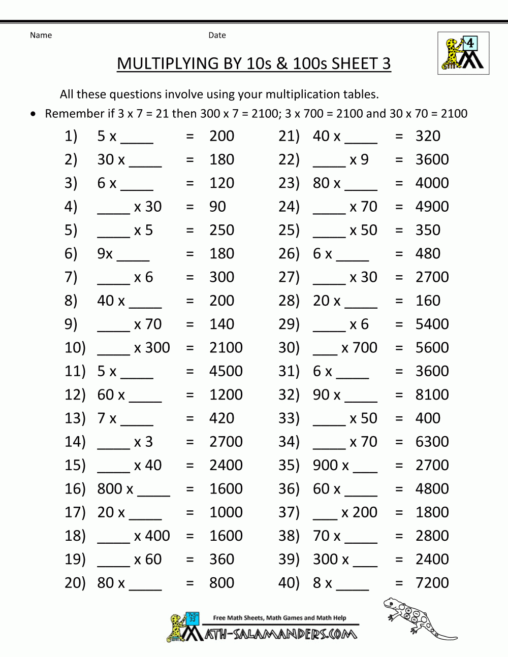 multiplying by 10 worksheets