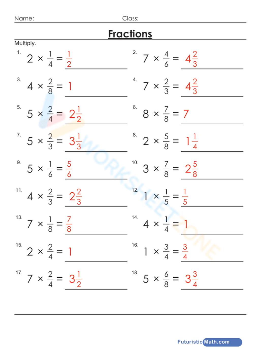 Multiply Fractions By Whole Numbers Worksheet