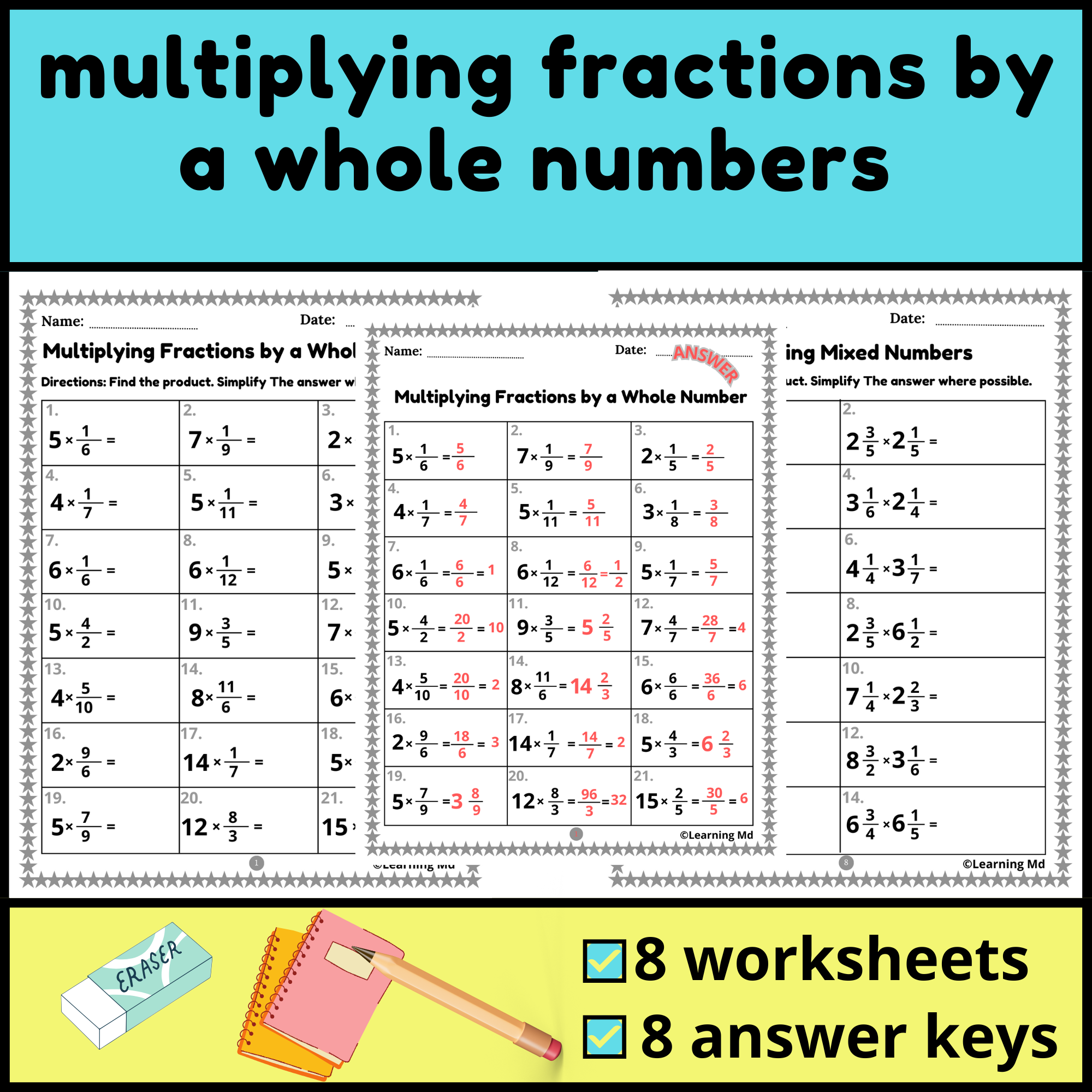 multiplying fractions by whole numbers worksheets