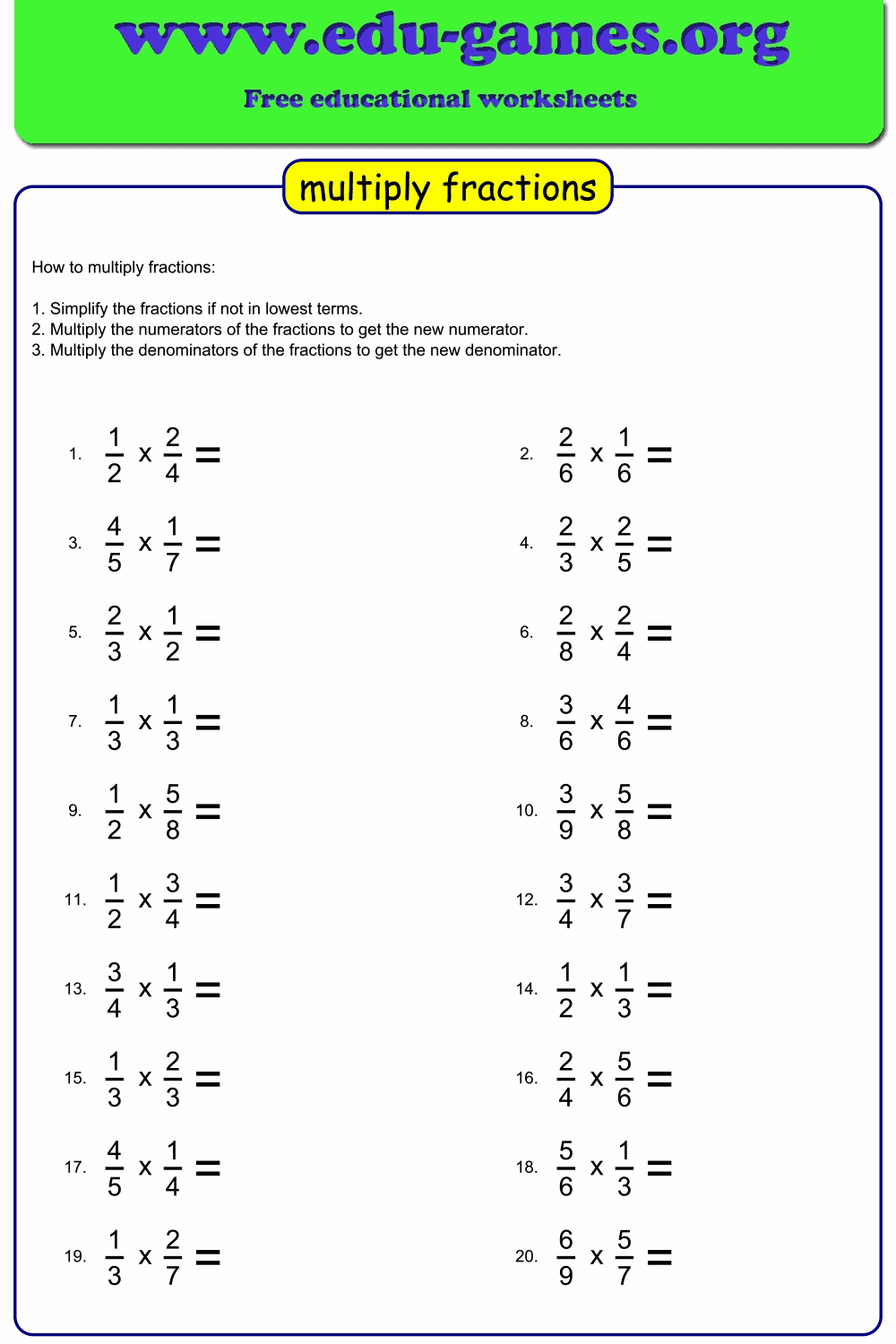 Multiplying Fractions By Fractions Worksheets Free Printable PDFs Edu Games