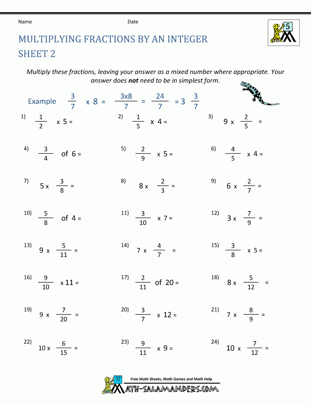 multiplying fractions and whole numbers worksheet