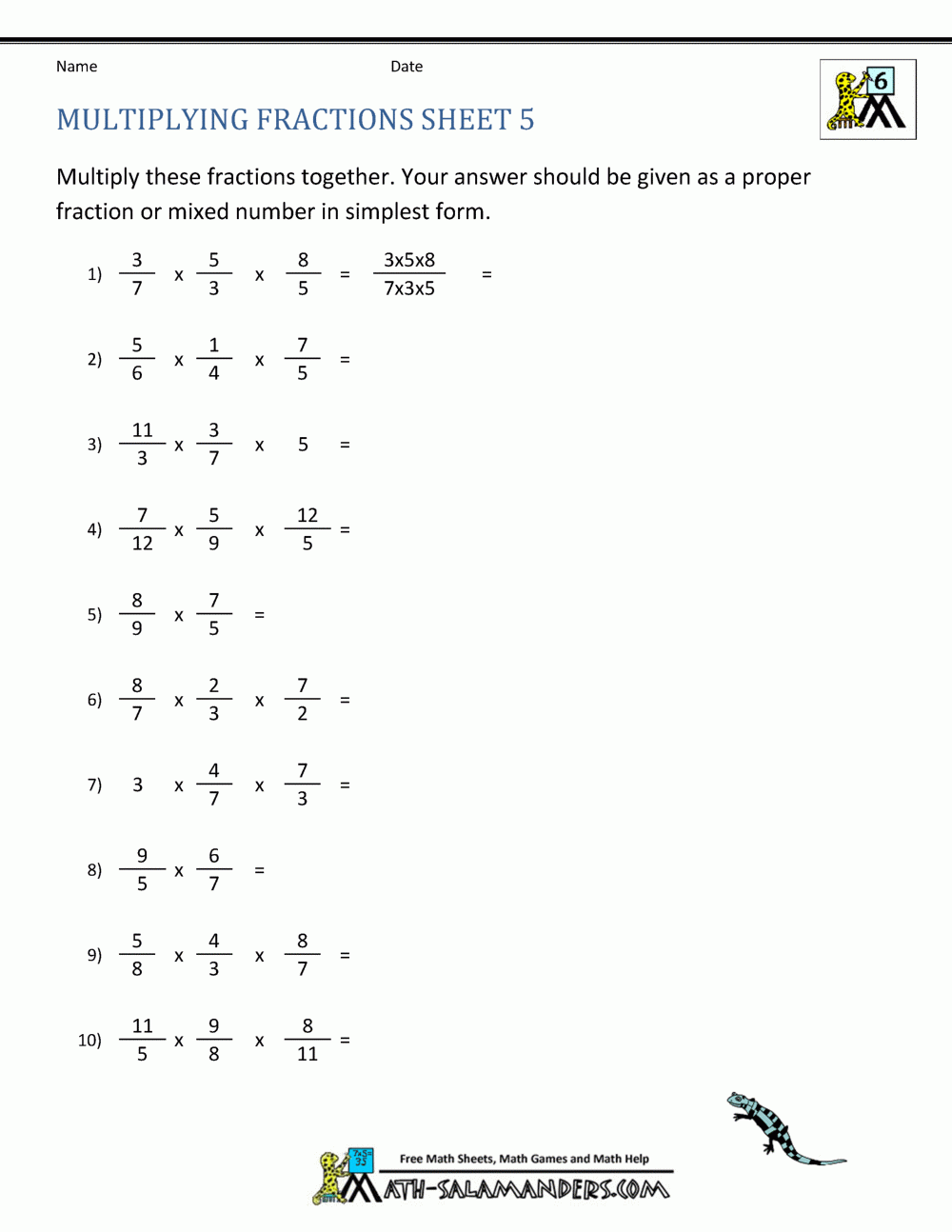 Multiplying Fractions Worksheet