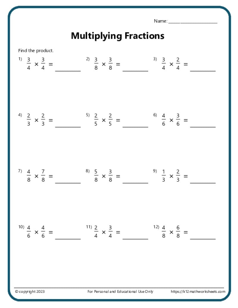 Multiplying Fractions Worksheets