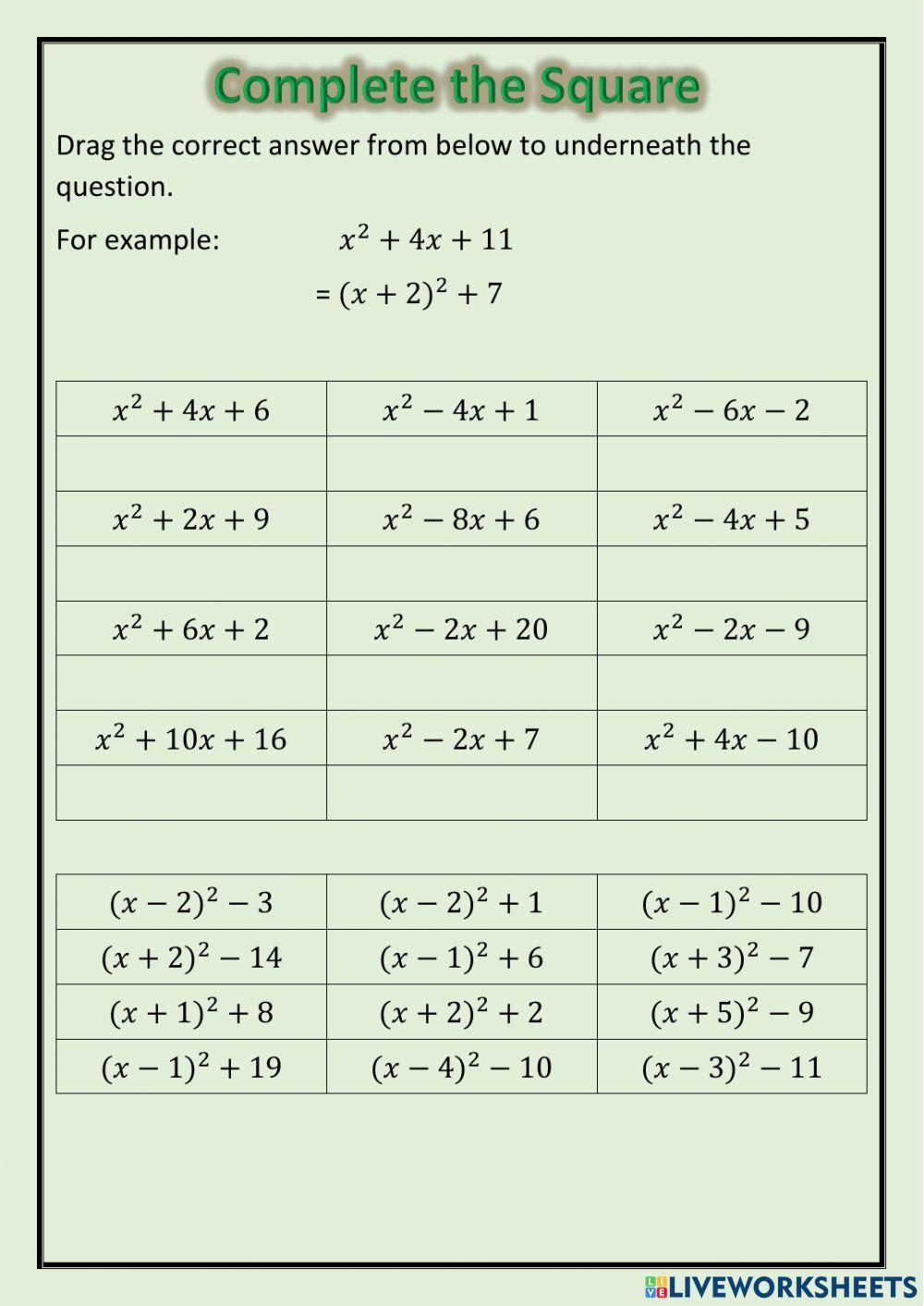 complete the square worksheet complete the square worksheet