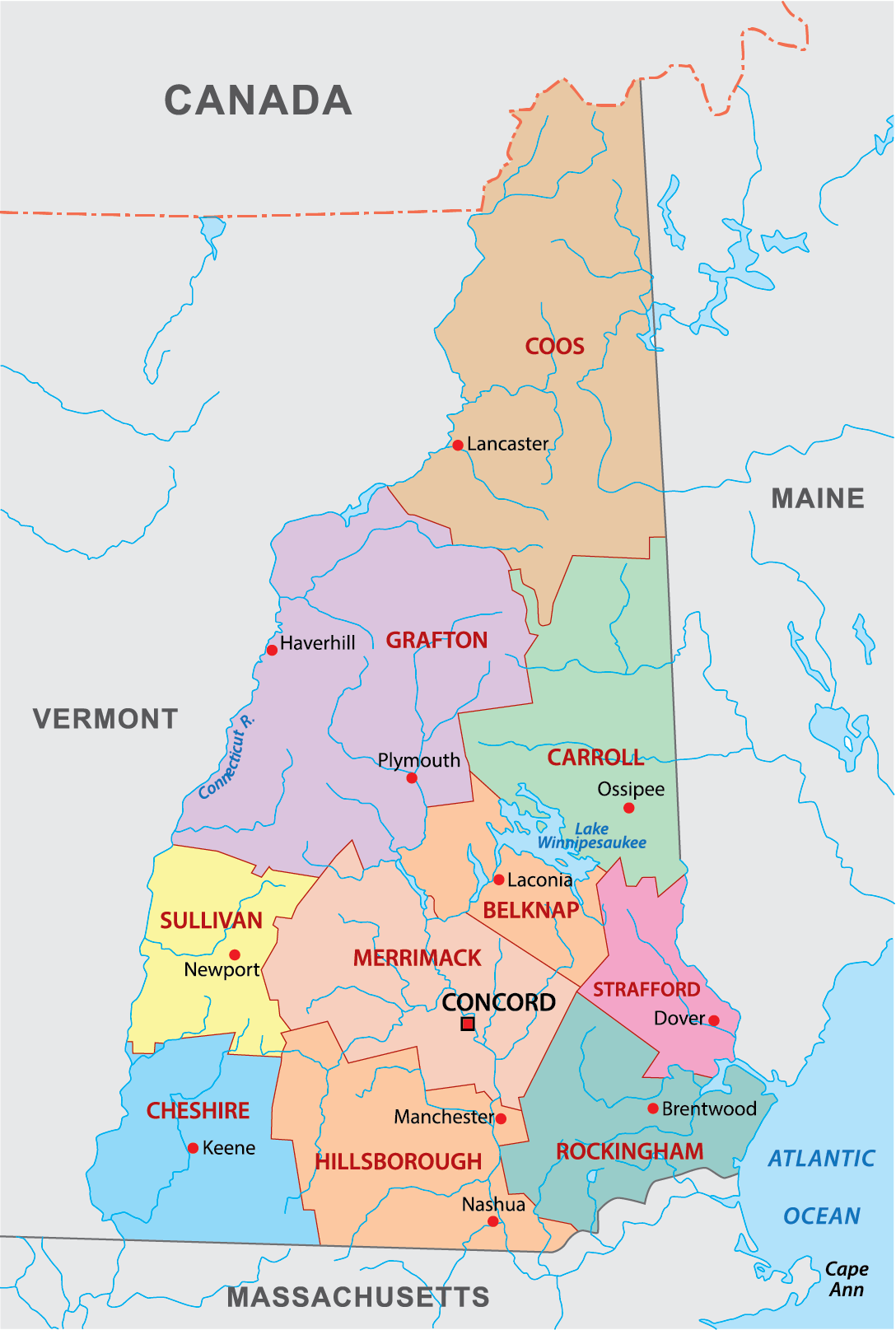New Hampshire Counties Map Mappr