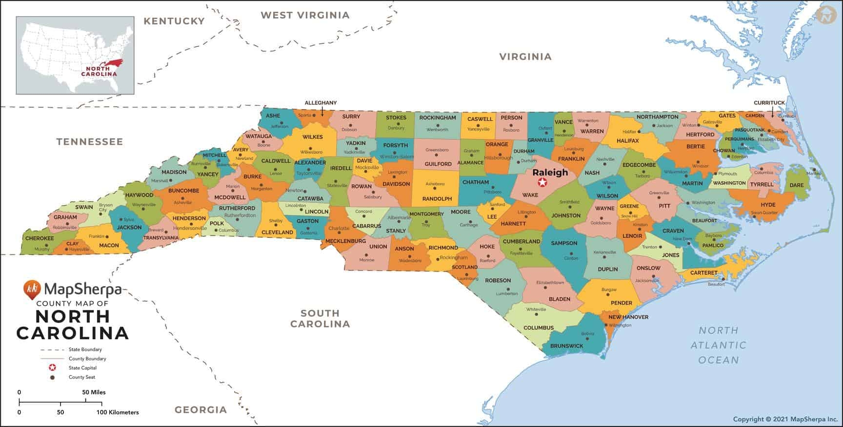 North Carolina Counties Map By MapSherpa MapShop
