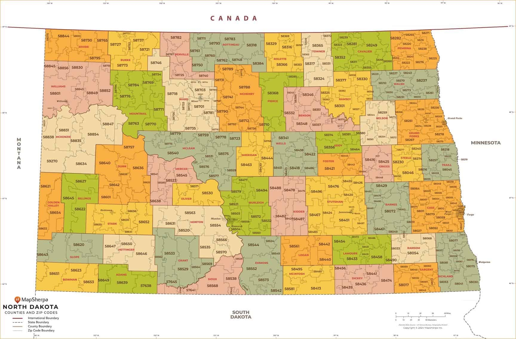 North Dakota Zip Codes With Counties Wall Map MapSherpa North Dakota Zip Codes With Counties Wall Map MapSherpa
