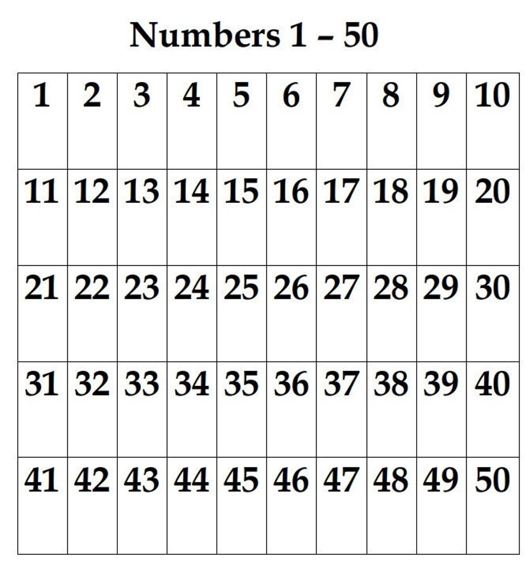 Numbers 1 50 Chart Numbers And Counting Instant Download Etsy