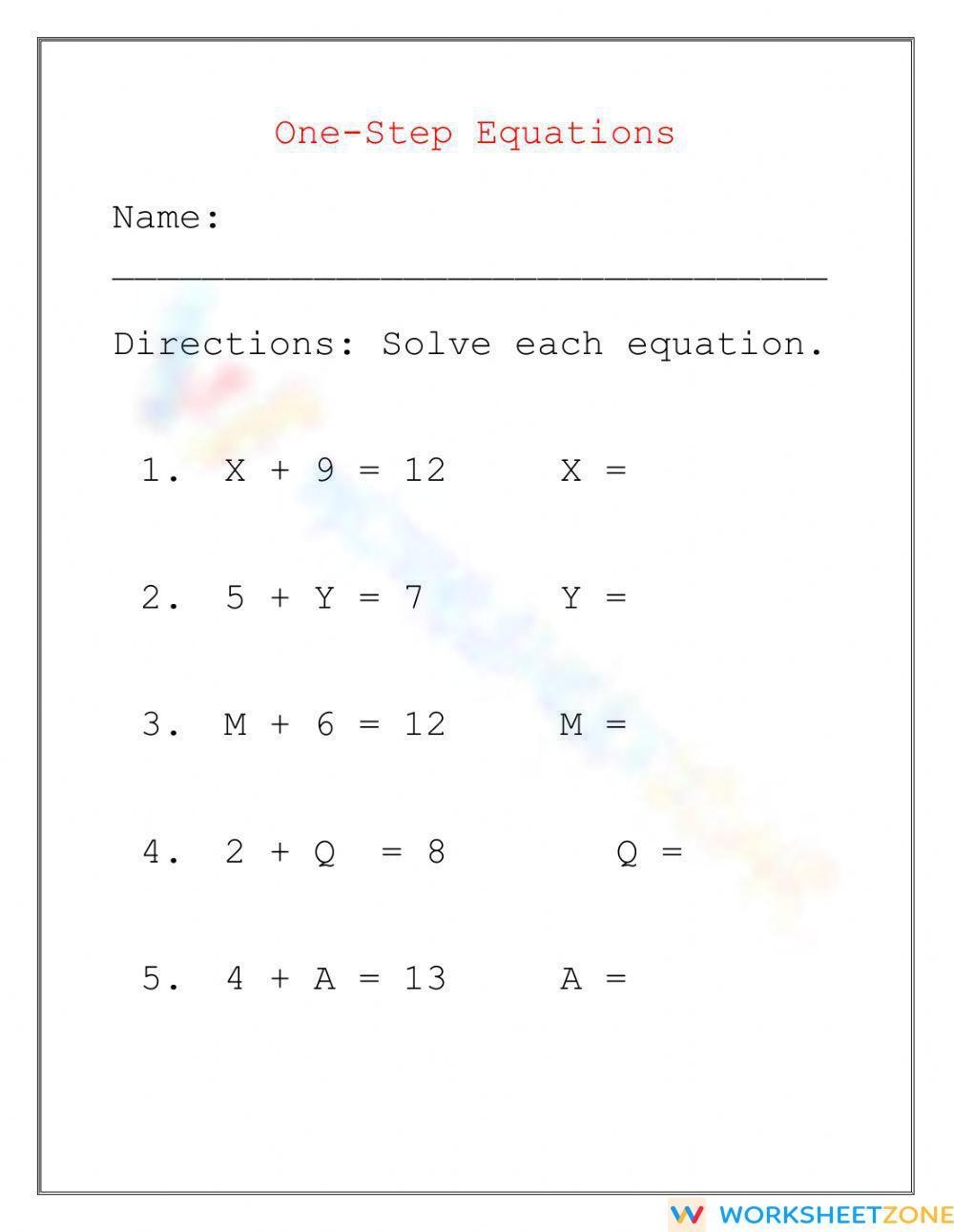 One Step Equation Worksheet One Step Equation Worksheet