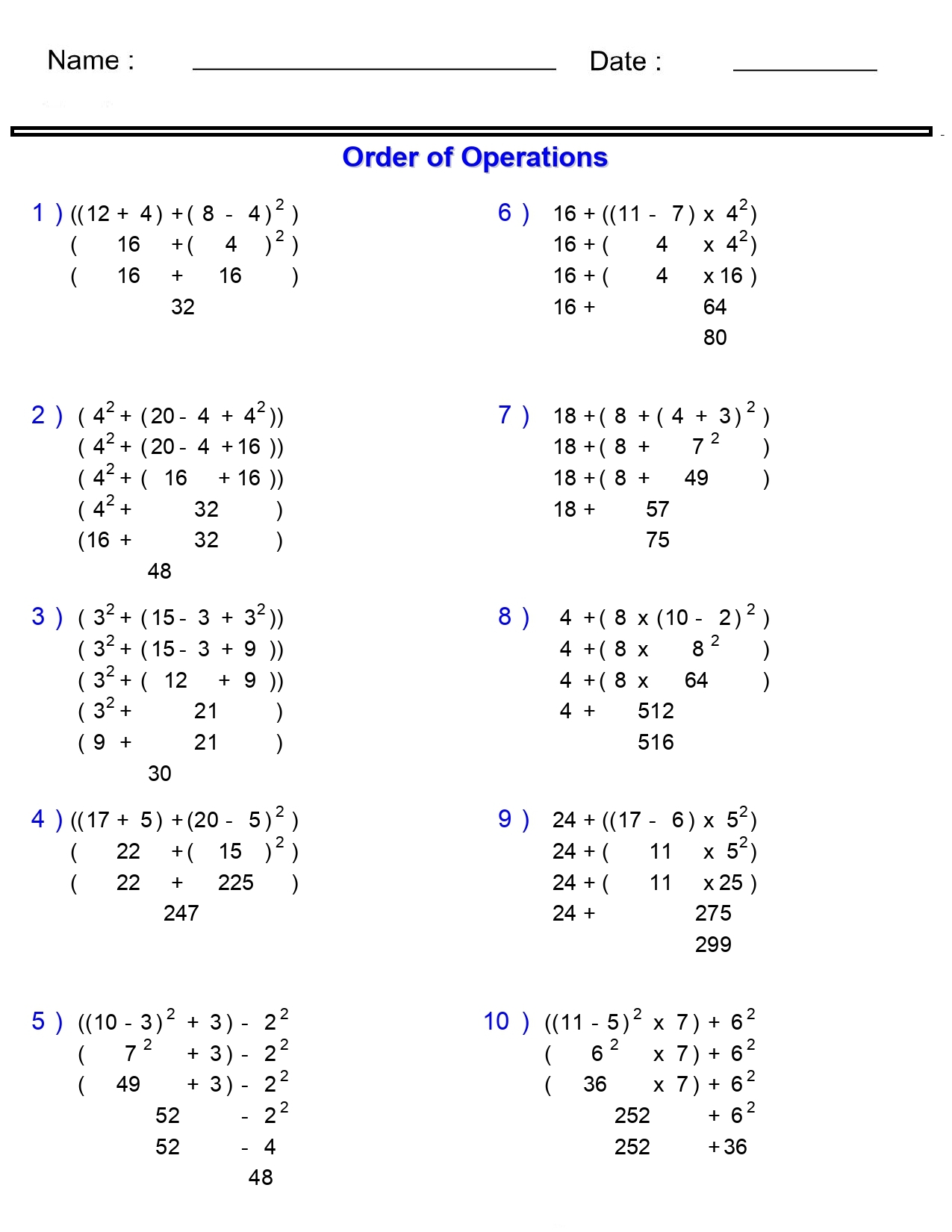 Order Of Operations Without Division Worksheets Nested Parentheses And Exponent Made By Teachers