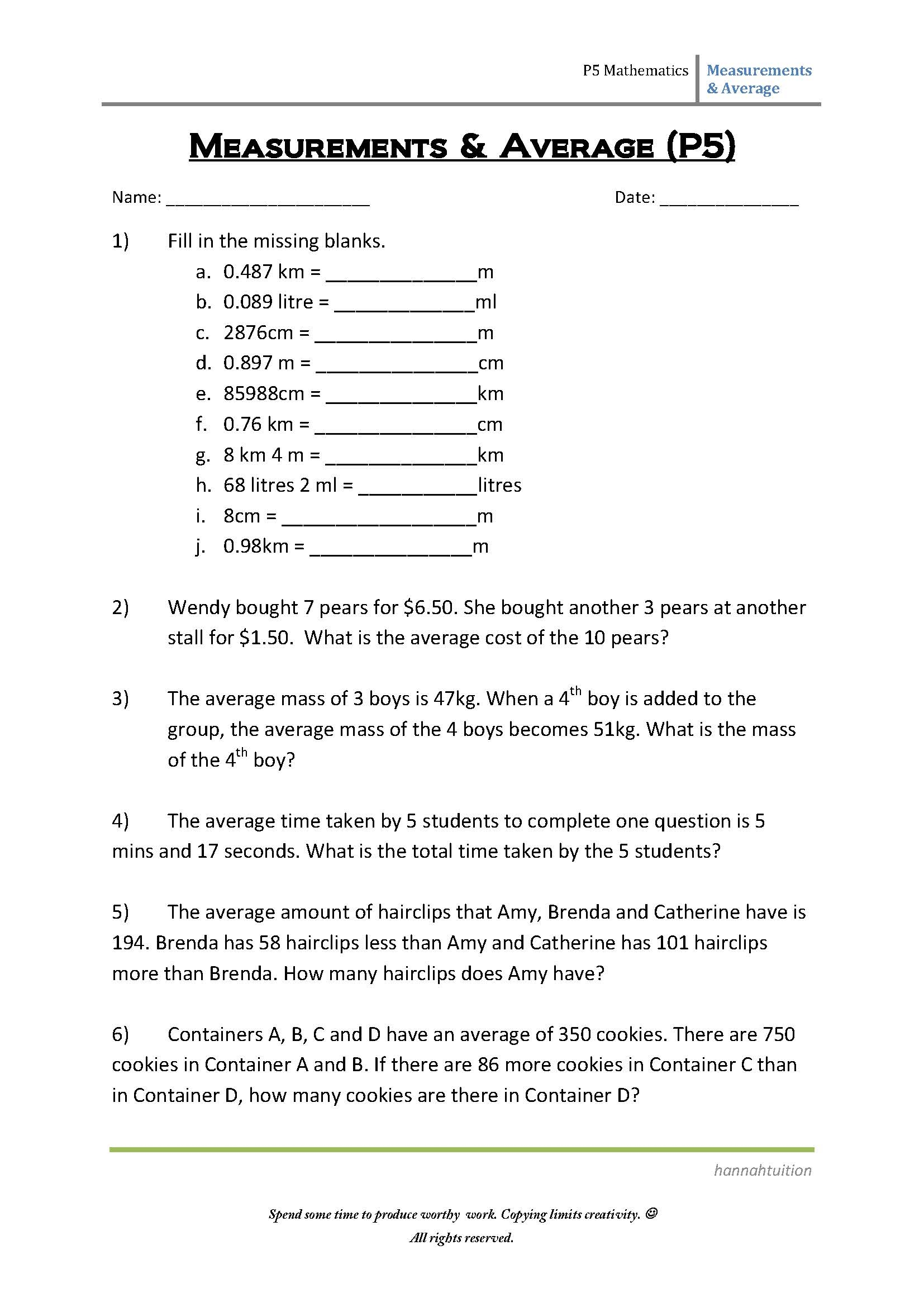 P5 Maths Average And Measurements Worksheet
