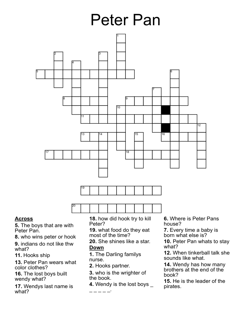 Peter Pan Crossword WordMint Peter Pan Crossword WordMint