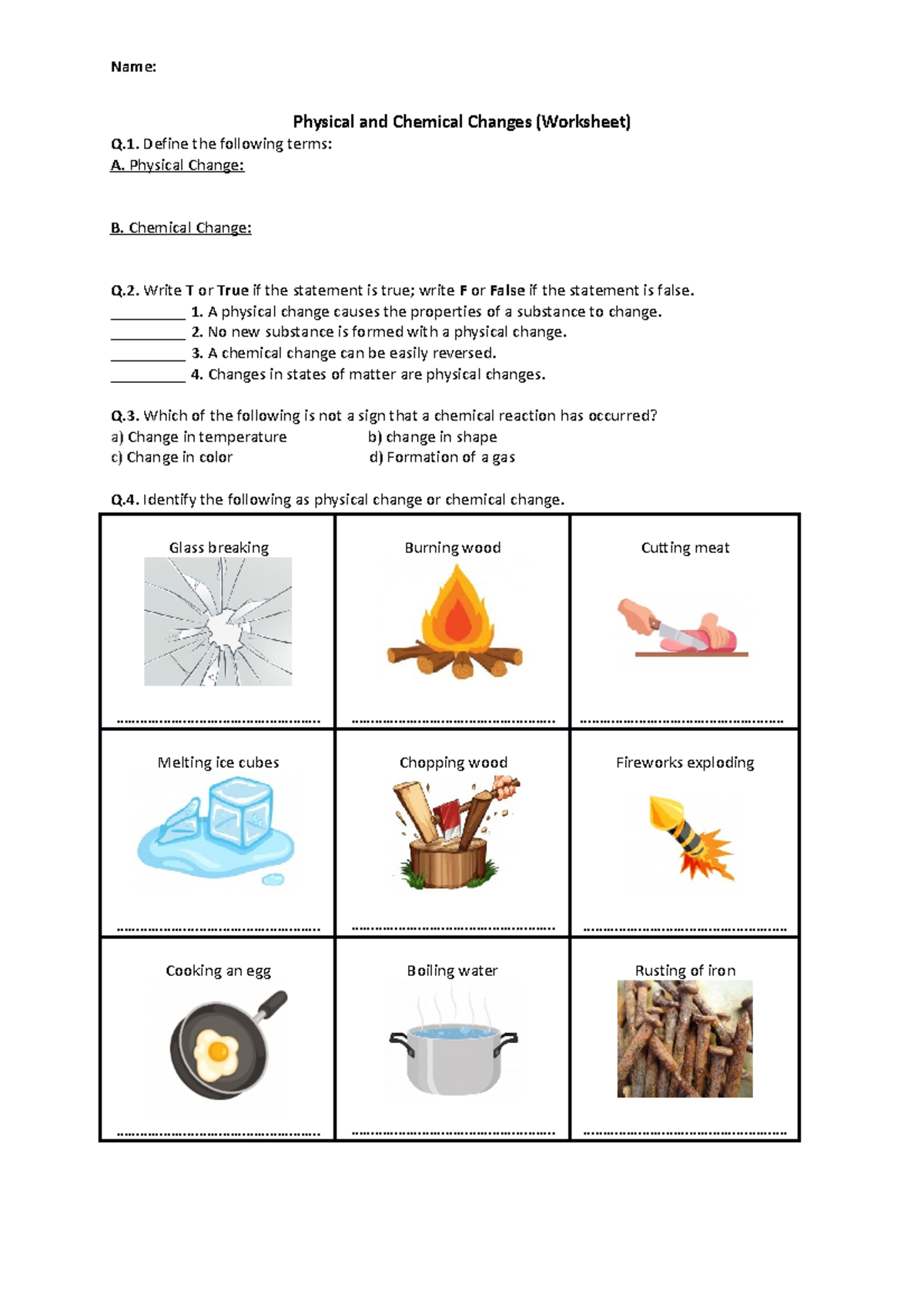 PHSC 101 Physical And Chemical Changes Worksheet Activities Studocu
