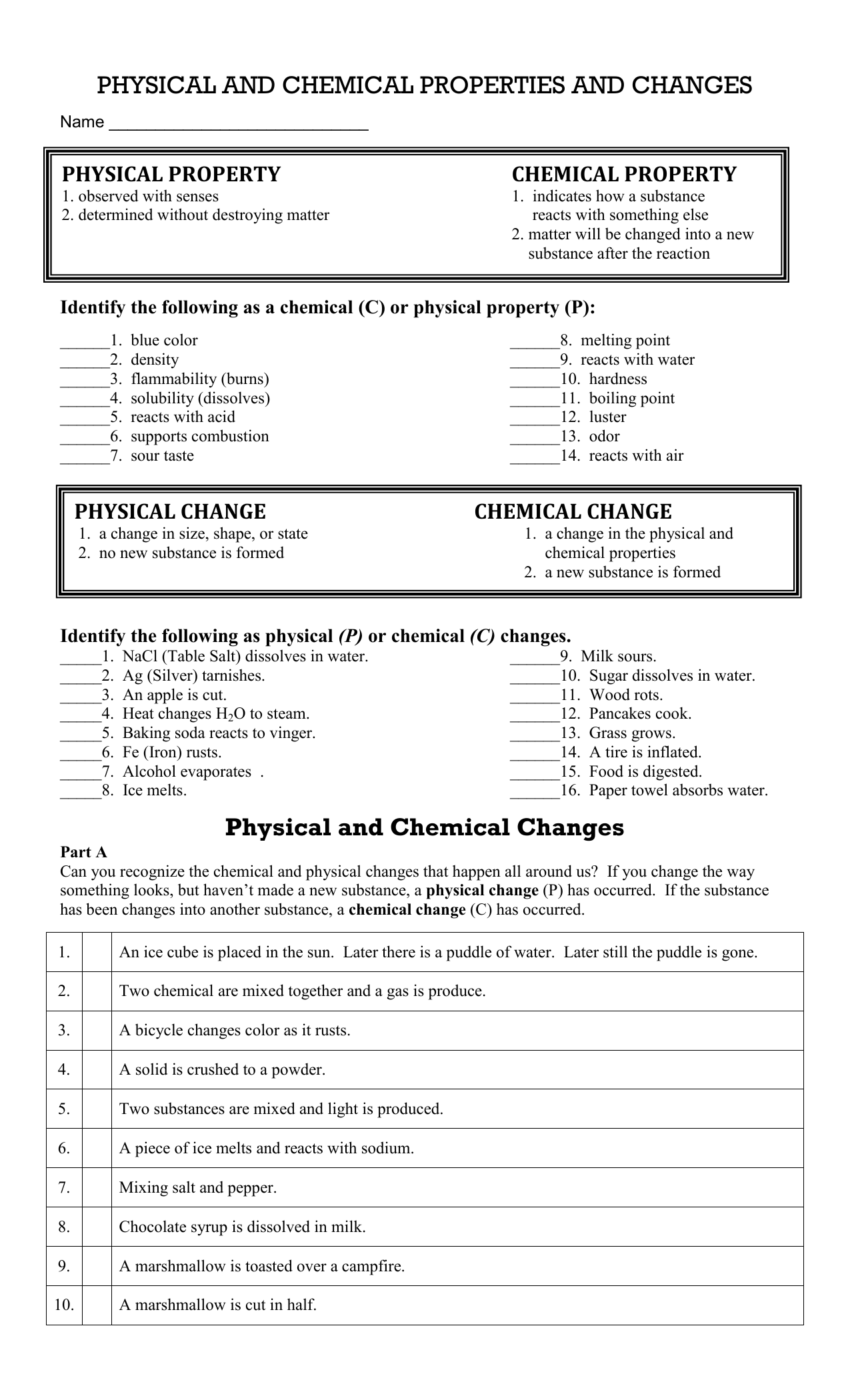 Physical Chemical Properties Worksheet