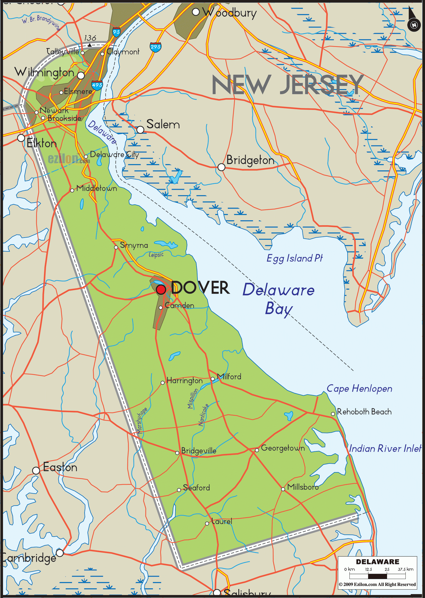Physical Map Of Delaware Rivers Bays Coastline Inlet And Elevation Guide Ezilon Maps