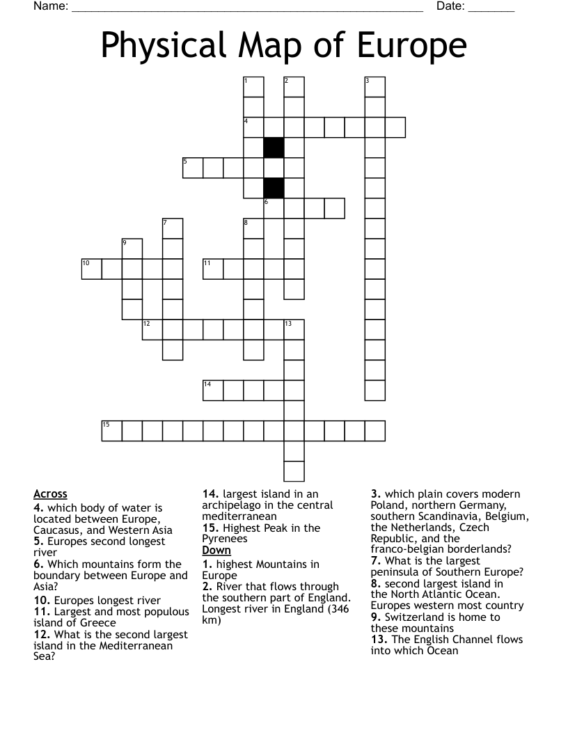 Physical Map Of Europe Crossword WordMint