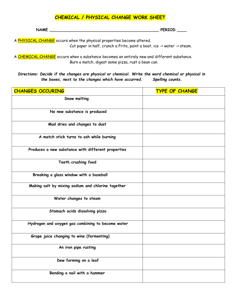 physical and chemical changes worksheet