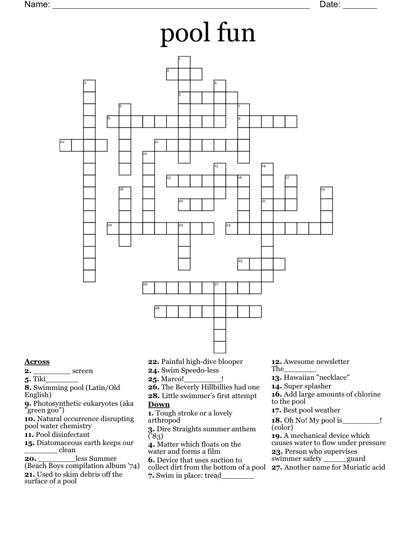 Pool Fun Crossword WordMint Pool Fun Crossword WordMint