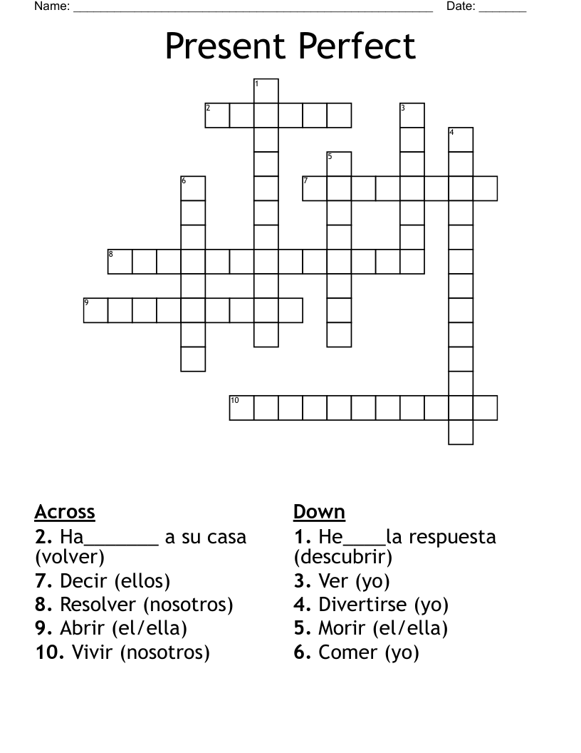 Present Perfect Crossword WordMint Present Perfect Crossword WordMint