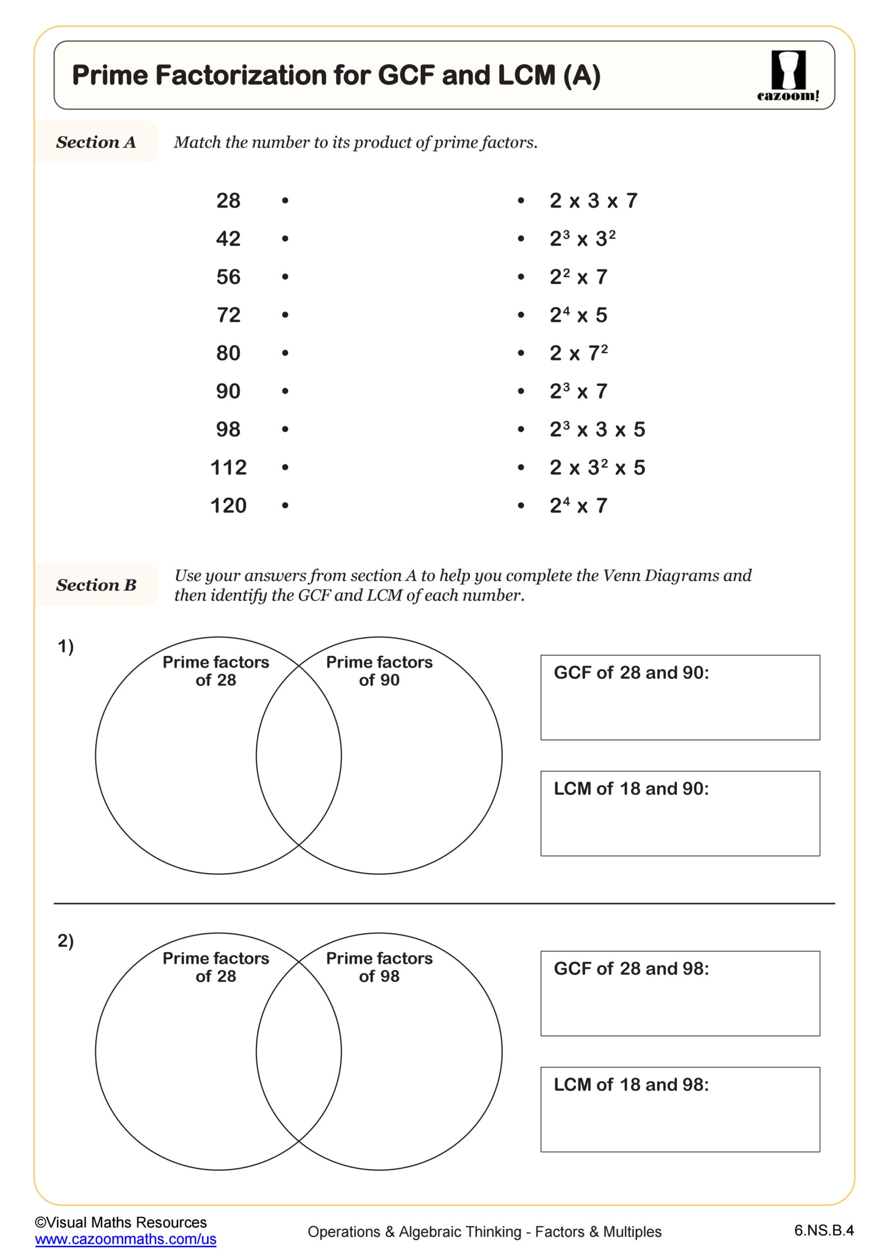 Prime Factorization For GCF And LCM A Worksheet PDF Printable Operations Algebraic Thinking Worksheet