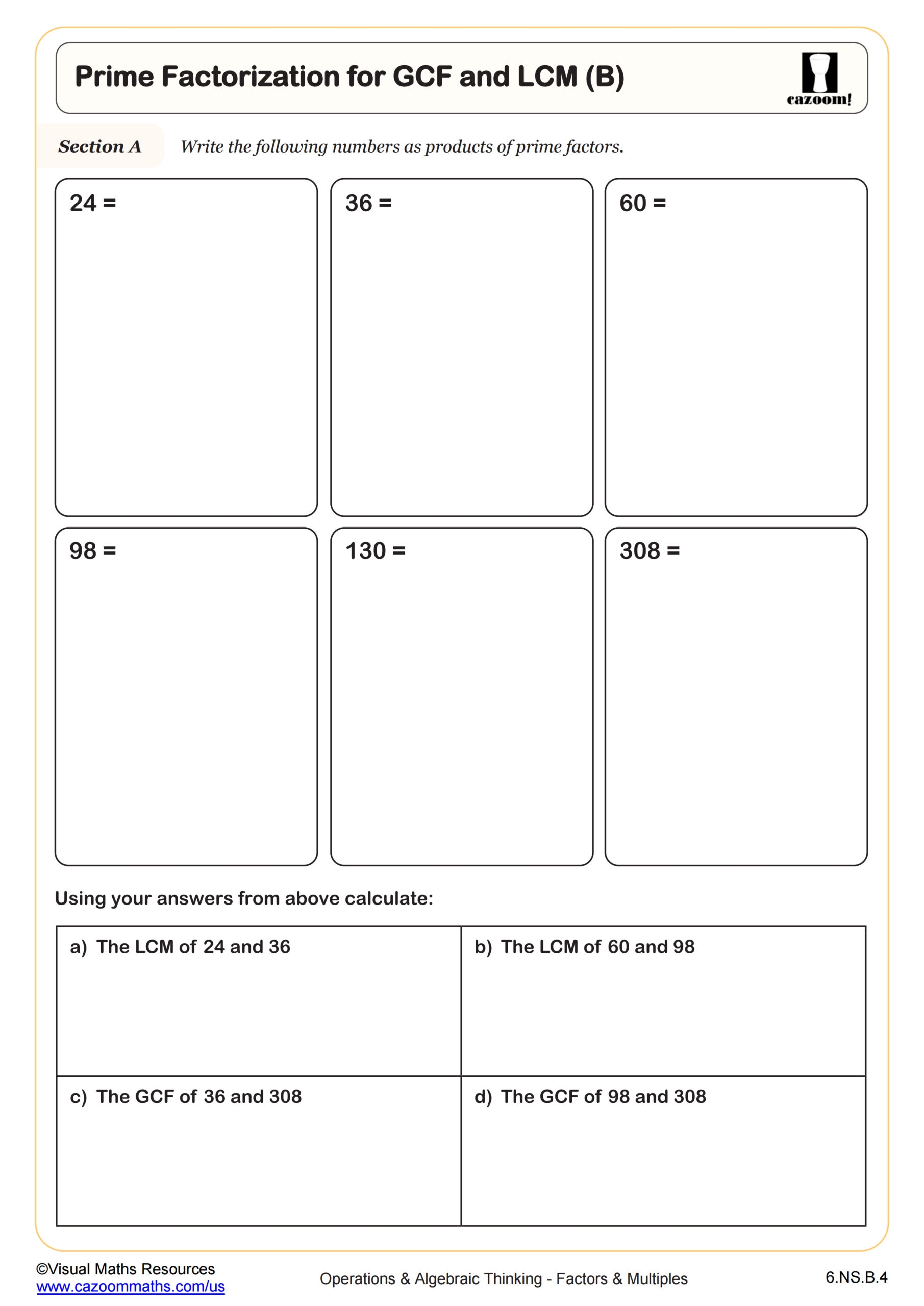 Prime Factorization For GCF And LCM B Worksheet Fun And Engaging 6th Grade PDF Worksheets