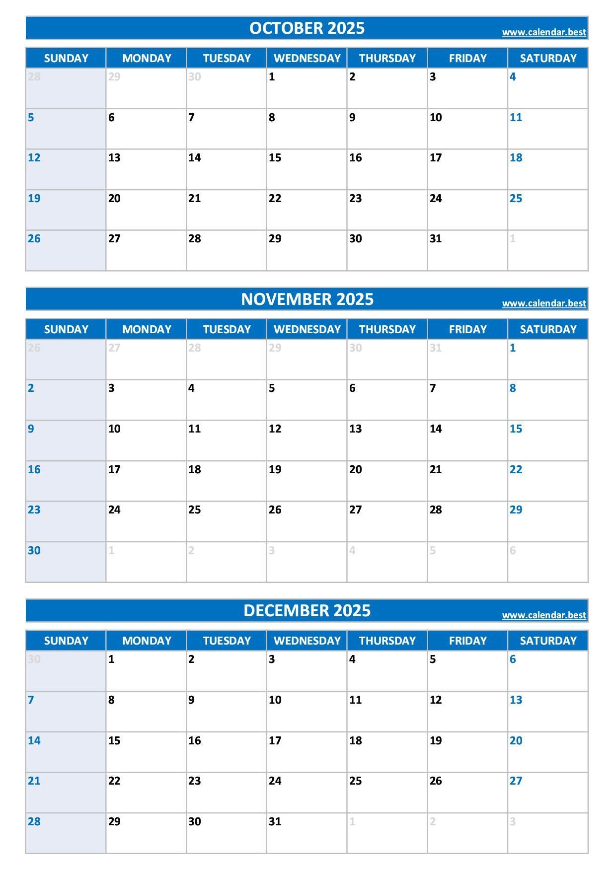 Printable 4th Quarter 2025 Calendar Printable 4th Quarter 2025 Calendar