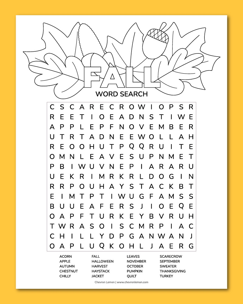 Printable Fall Word Search Chevron Lemon