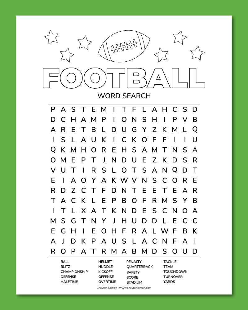 Printable Football Word Search Chevron Lemon