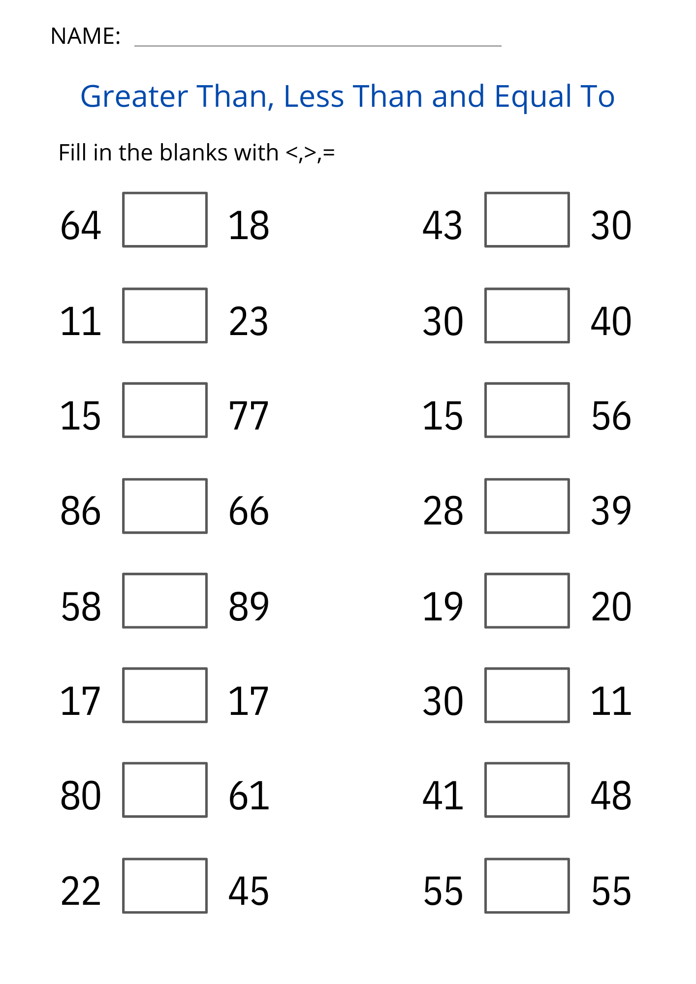 Printable Greater Than Less Than And Equal To Worksheet For Grade 1 2 3 Made By Teachers