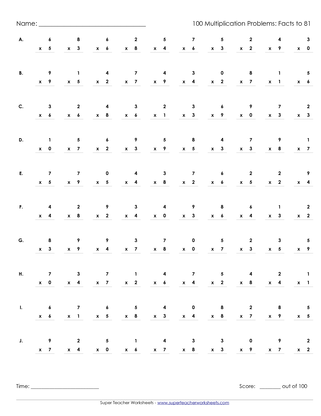 Printable Multiplication Worksheets 100 Problems Multiplication Worksheets Library