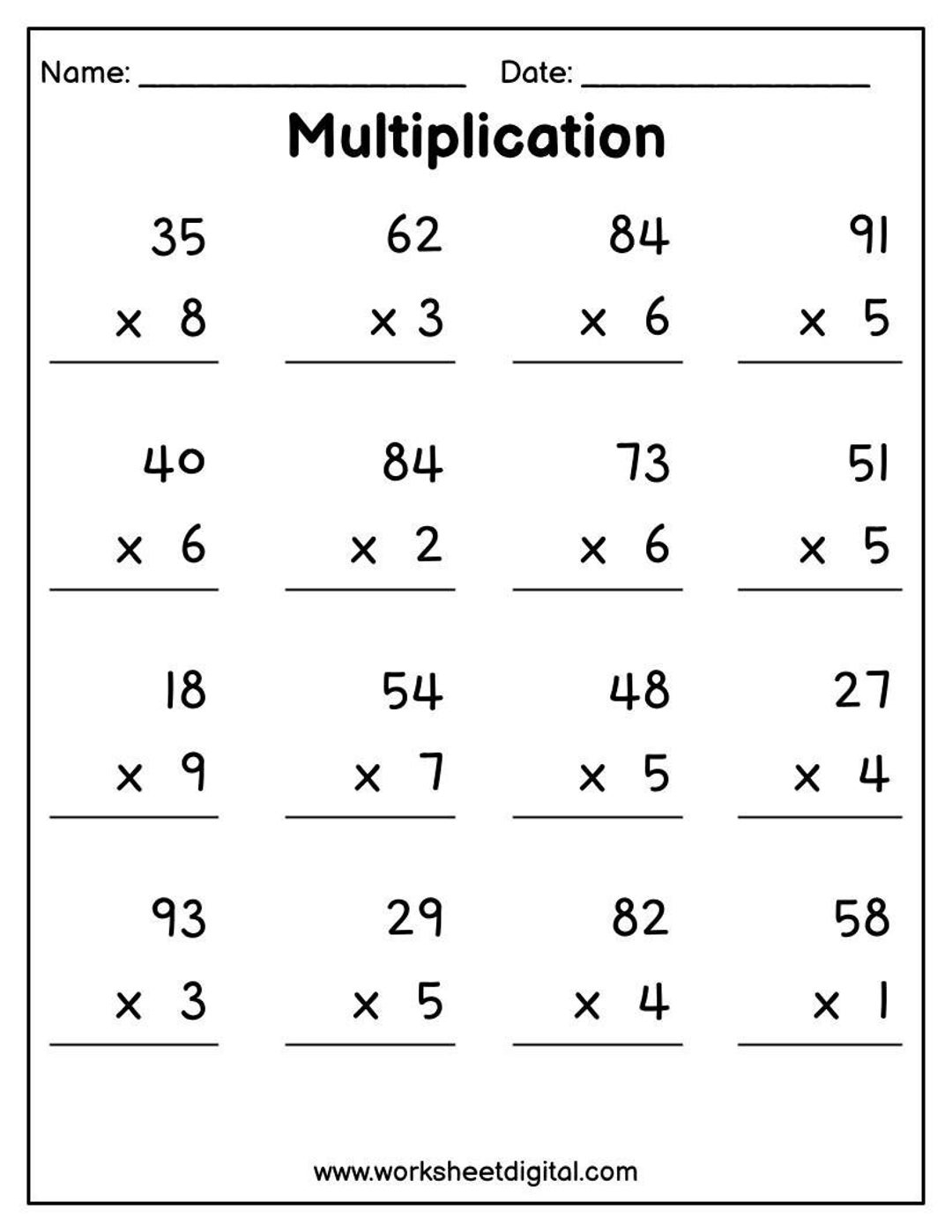 Printable Multiplication Worksheets 2 Digit X 1 Digit PDF Etsy Israel
