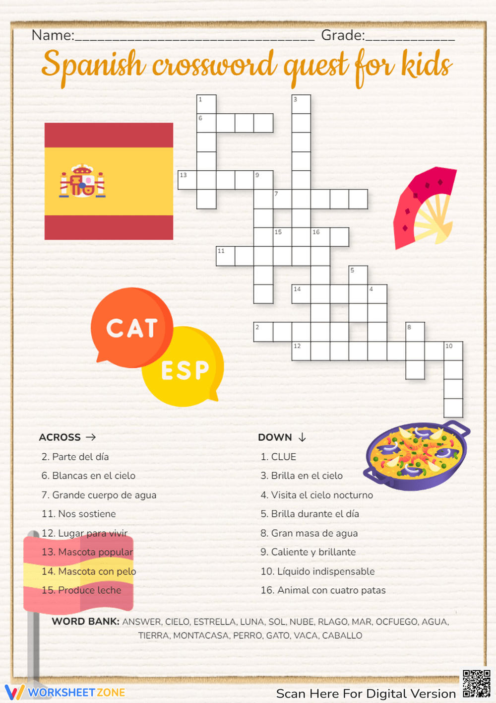Printable Spanish Crossword Puzzle Worksheets