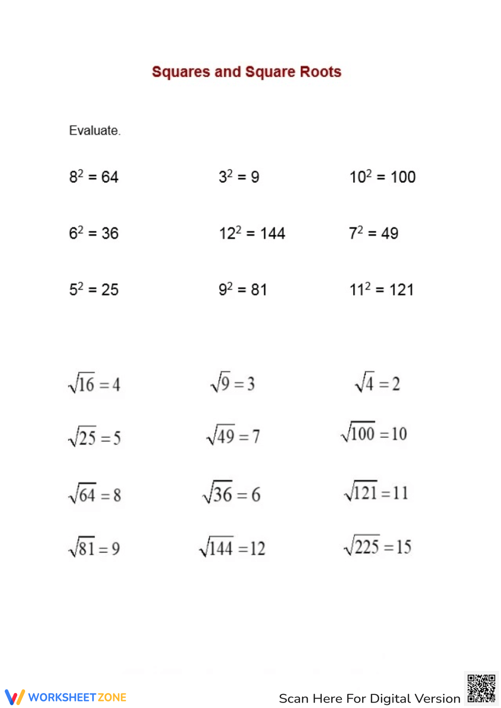 Printable Square Roots Fill In The Blanks Worksheets
