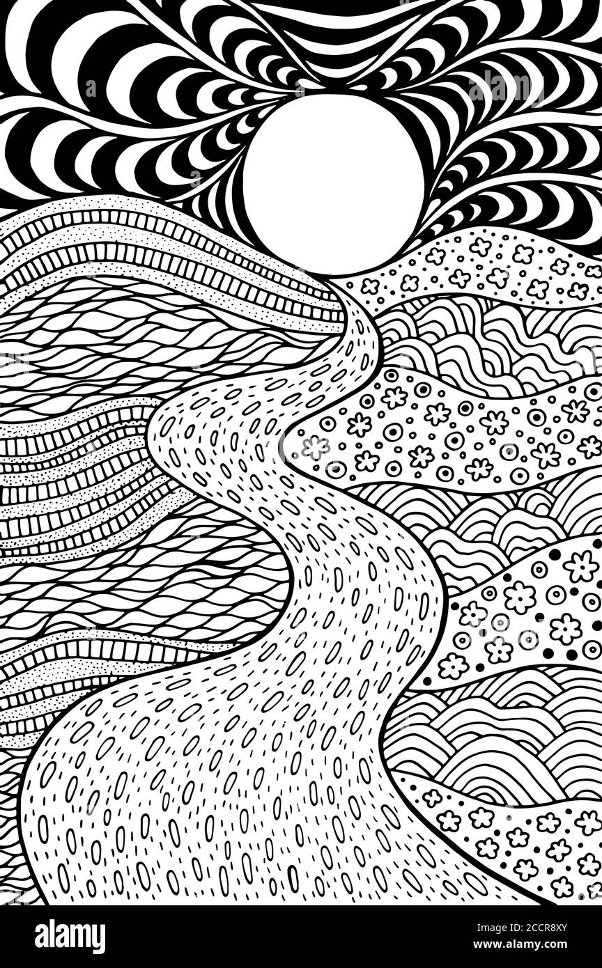 Psychedelic Landscape Coloring Page For Adults Pathway In Meadows And Waves Seaside Illustration Doodle Drawing Vector Artwork Stock Vector Image Art Alamy
