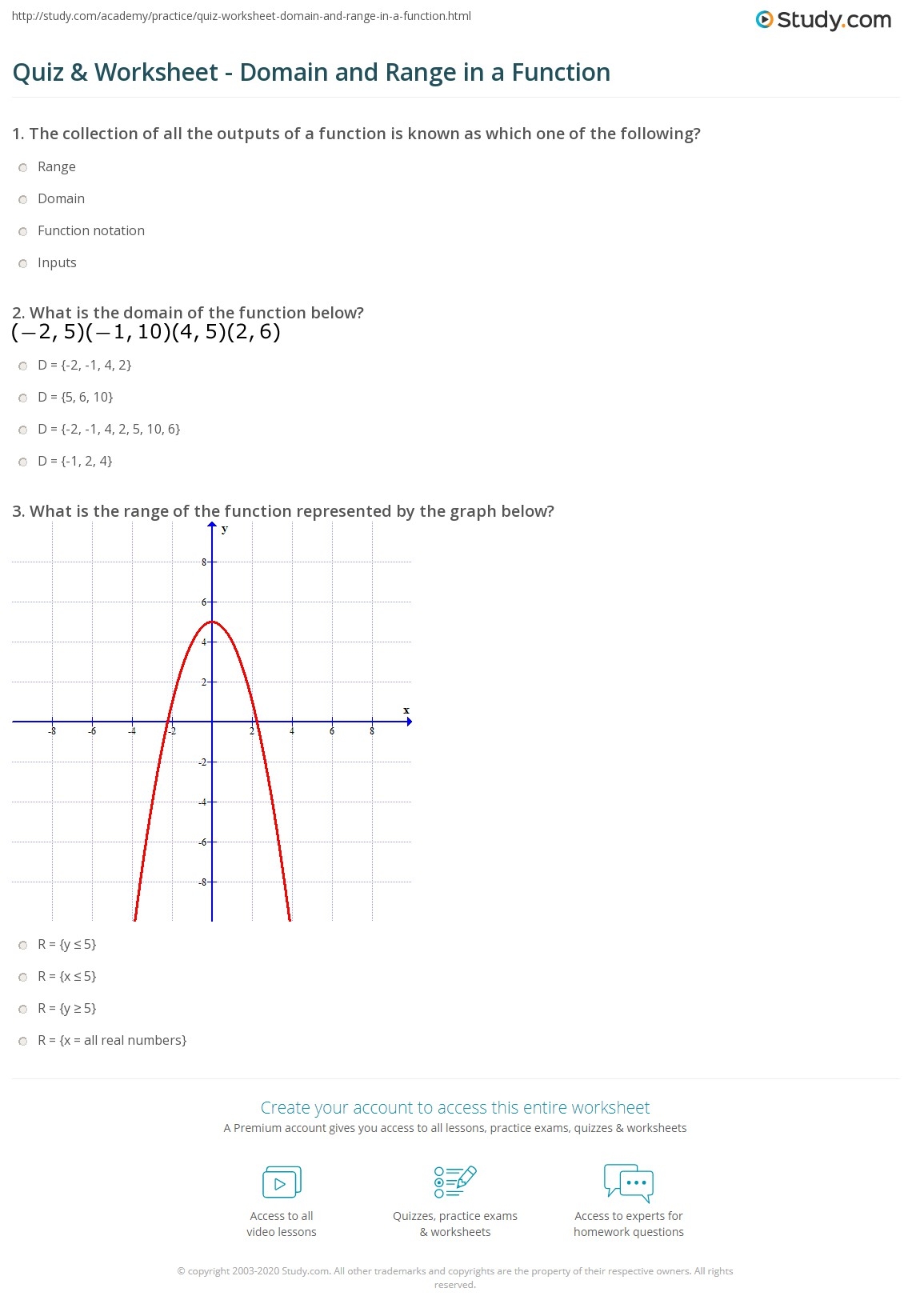 Quiz Worksheet Domain And Range In A Function Study