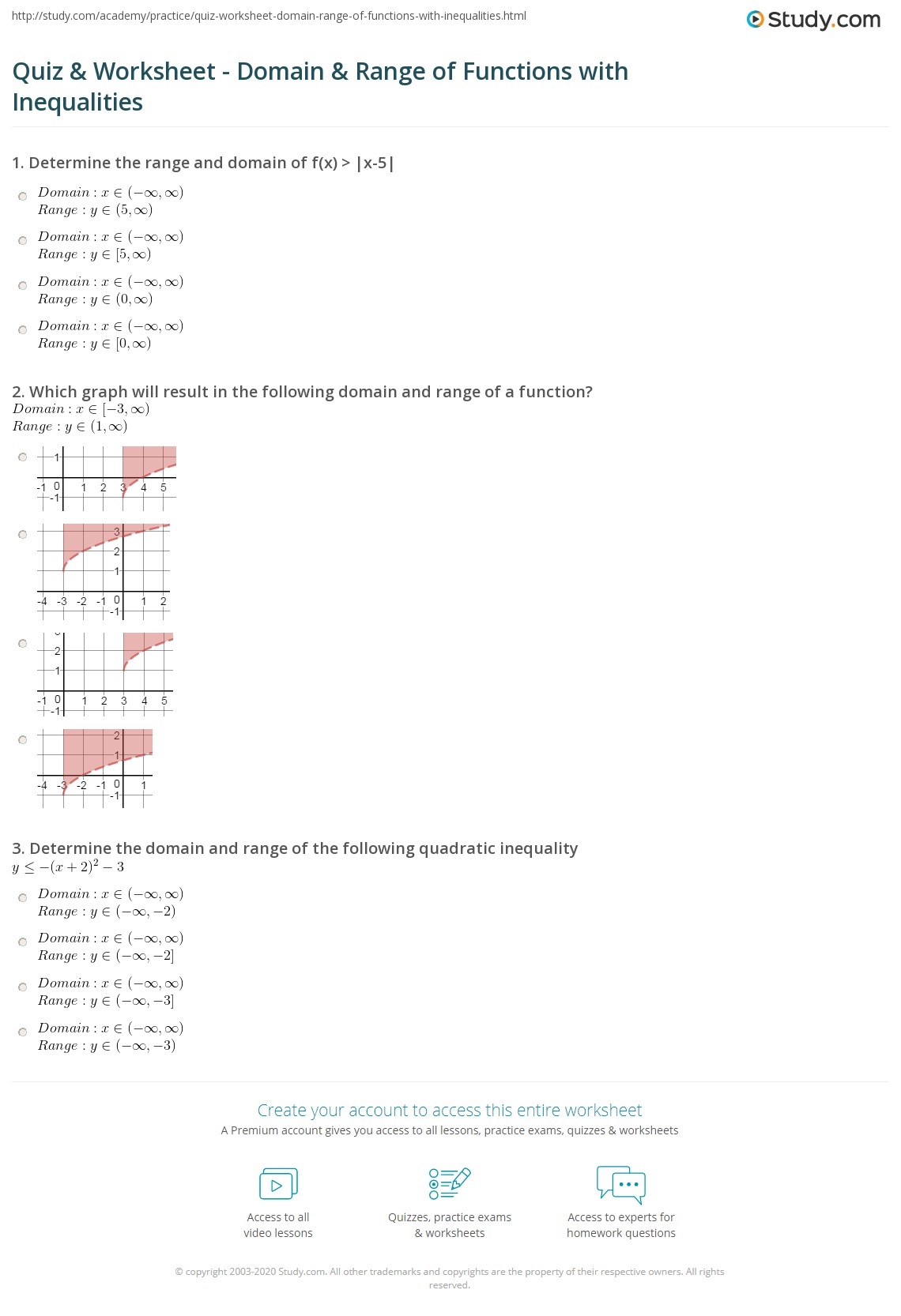 domain and rnage quiz worksheet