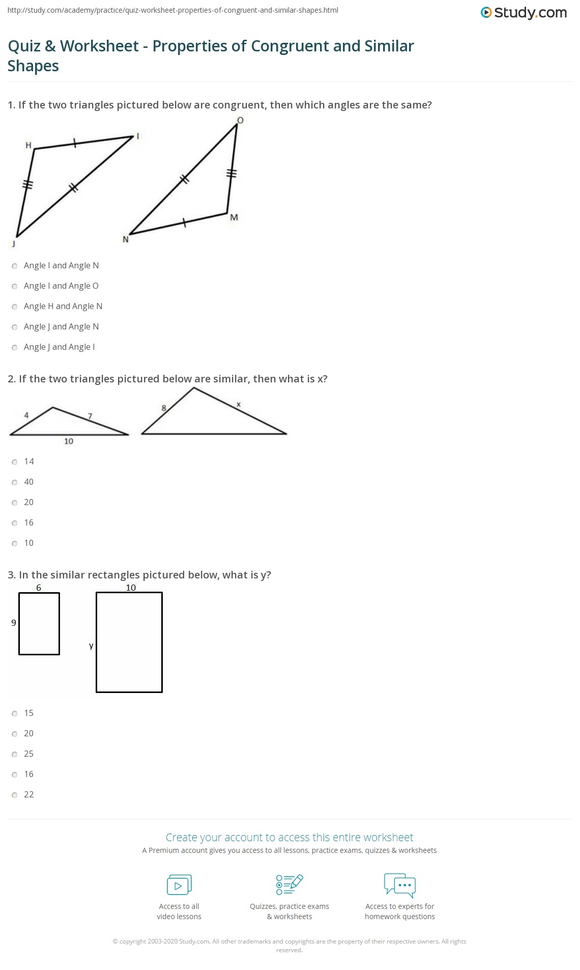 Quiz Worksheet Properties Of Congruent And Similar Shapes Study Quiz Worksheet Properties Of Congruent And Similar Shapes Study