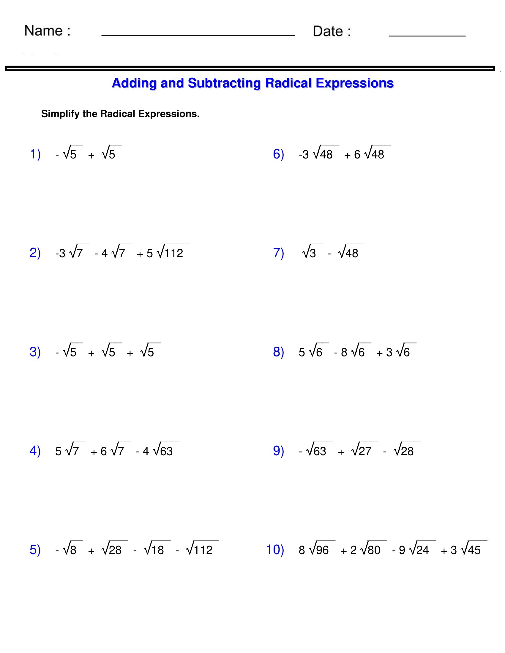 worksheet for simplifying radicals