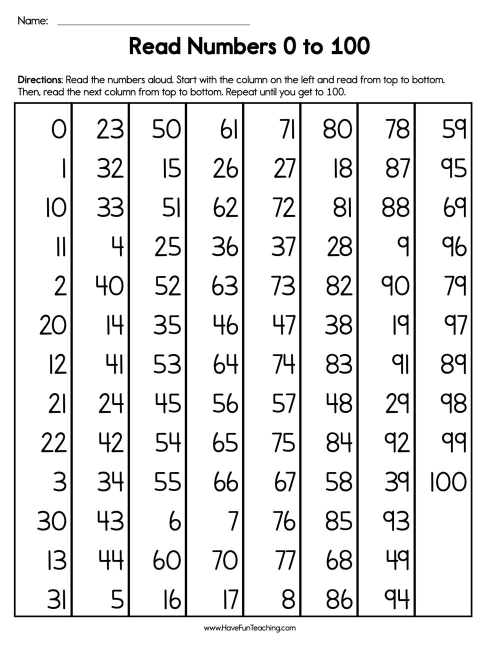 numbers to 100 worksheet