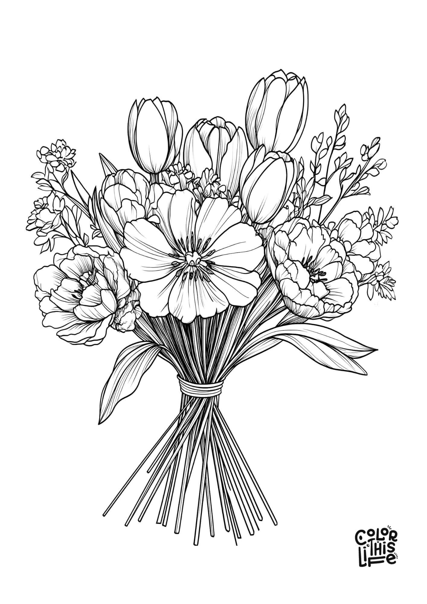 Realistic Bouquet Of Spring Flowers Coloring Page Color This Life Realistic Bouquet Of Spring Flowers Coloring Page Color This Life