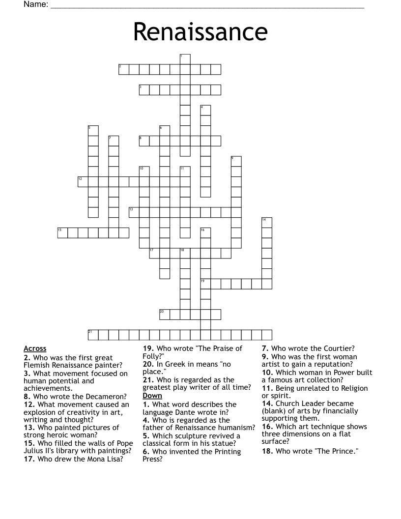 Renaissance Crossword WordMint Renaissance Crossword WordMint