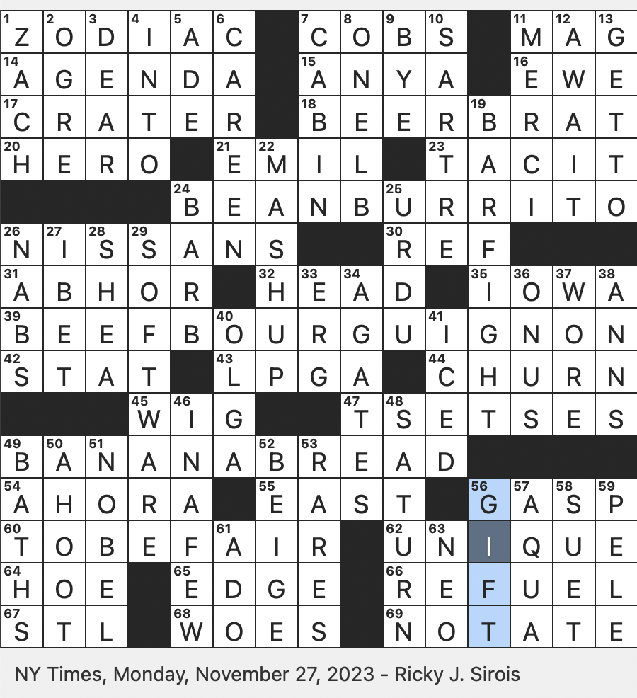 Rex Parker Does The NYT Crossword Puzzle Ale simmered German Sausage Informally MON 11 27 23 French Meat Stew For Which Julia Child Penned A Popular Recipe Threaten To Tip As A