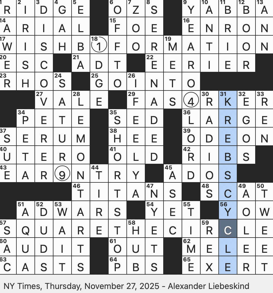 Rex Parker Does The NYT Crossword Puzzle Gloomy As An Atmosphere THU 11 27 25 Essential Biochemical Process That Releases Energy In Cells Anno Domini Period Feature Of A Mountain