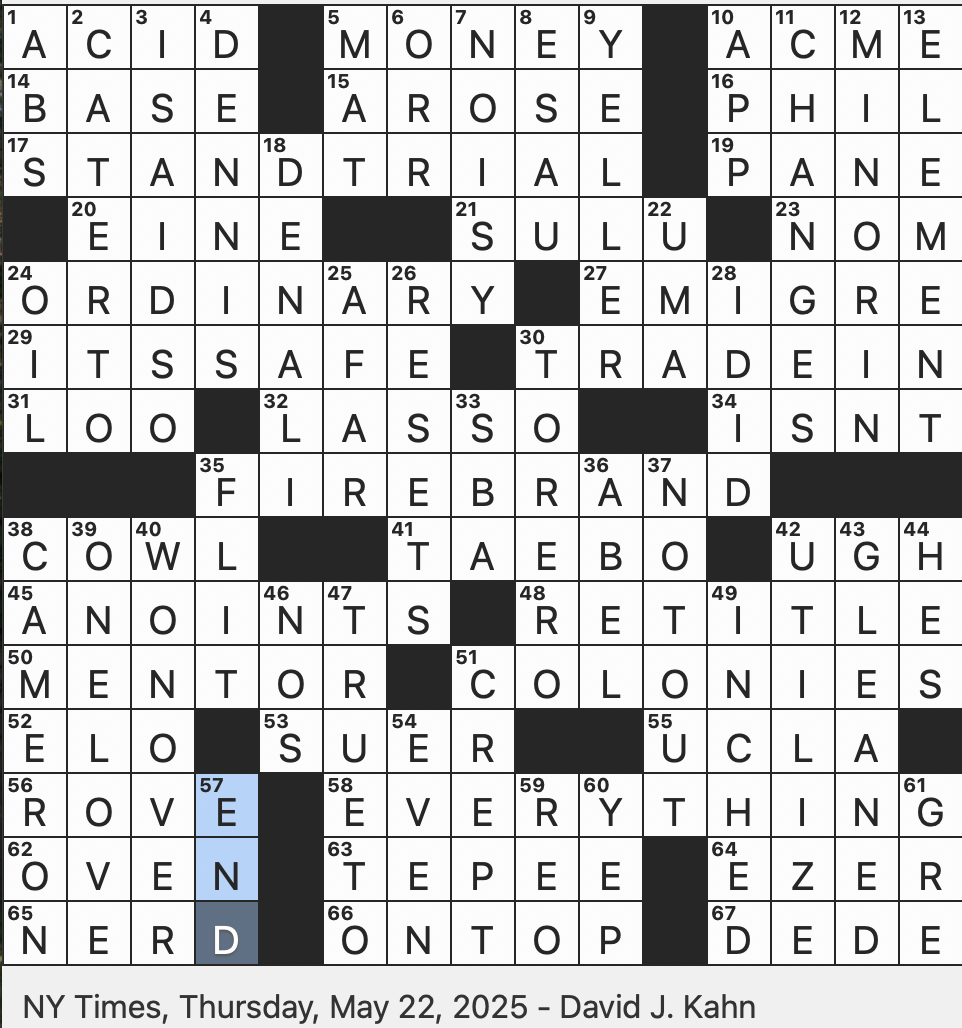 Rex Parker Does The NYT Crossword Puzzle Hopper Of Hollywood THU 5 22 25 Film Editor Allen 1990s Israeli President Weizman A To A Frankfurter Olympic Diver s Pride