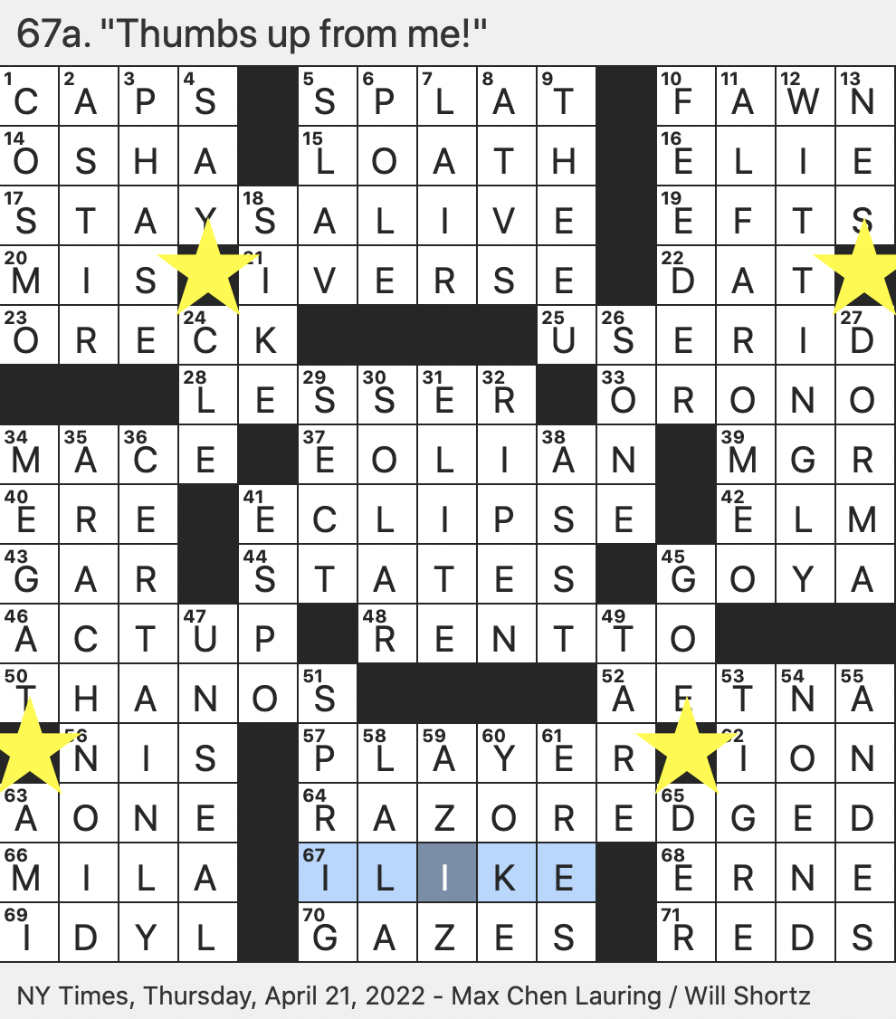 Rex Parker Does The NYT Crossword Puzzle Puccini Aria Popularized By Pavarotti THU 4 21 22 Maker Of Z cars Once Fish With Long Snout Car Whose Logo Features A Coiled