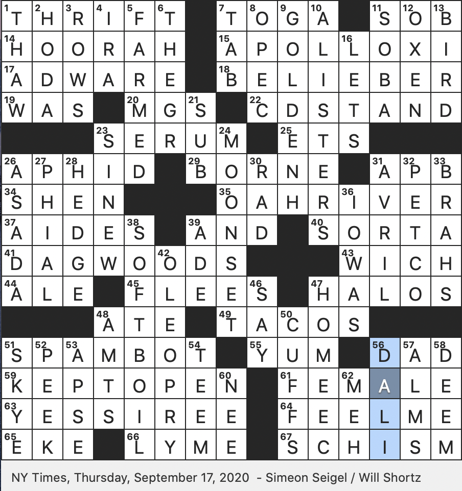 Rex Parker Does The NYT Crossword Puzzle Savings Bank Informally THU 9 17 20 Superfan Of Certain 2010s Pop Star Food Item Whose Name Is Derived From Comic Strip Gluten free